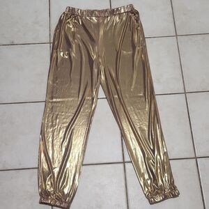 WHY DRESS Gold Metallic Jogger Pants Womens Stretch Elastic Waist Shiny
